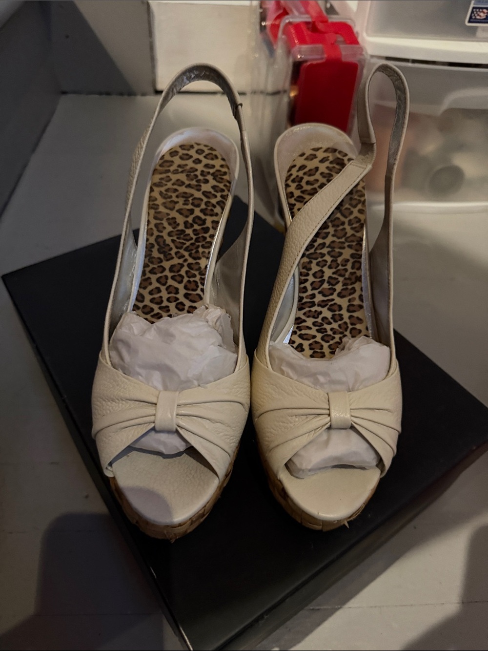 Banana Republic Cream Leather Slingback Wedge Sandals with Leopard Insole